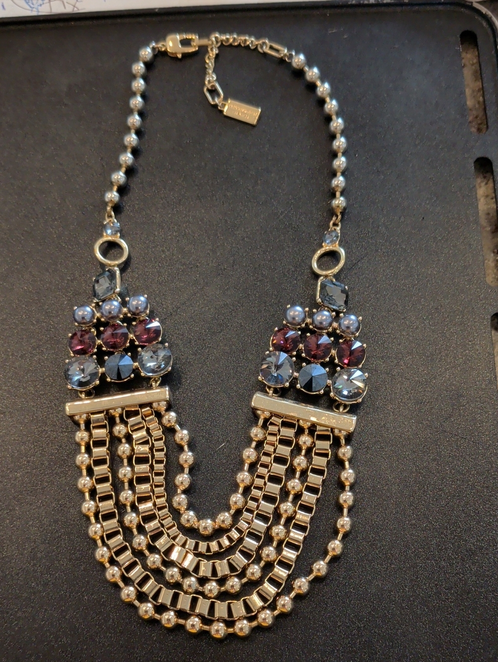 Kenneth Cole Gold-Tone Statement Necklace w/ Purple, Blue Crystals Multi Strand